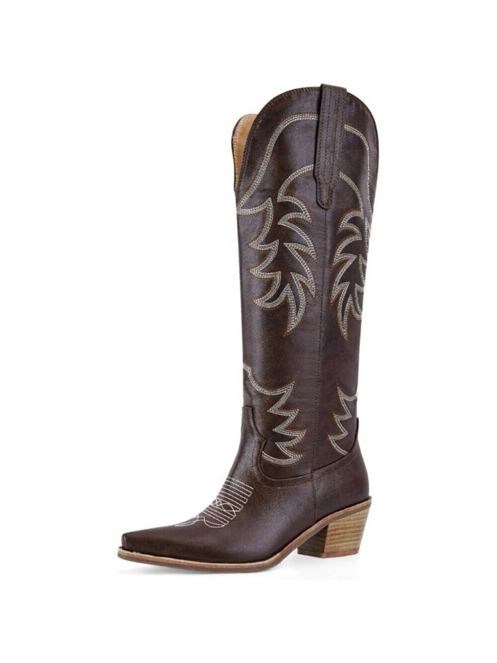 Women's Dark Brown Knee High Cowgirl Western Boots Pointed Toe Chunky Block Heel